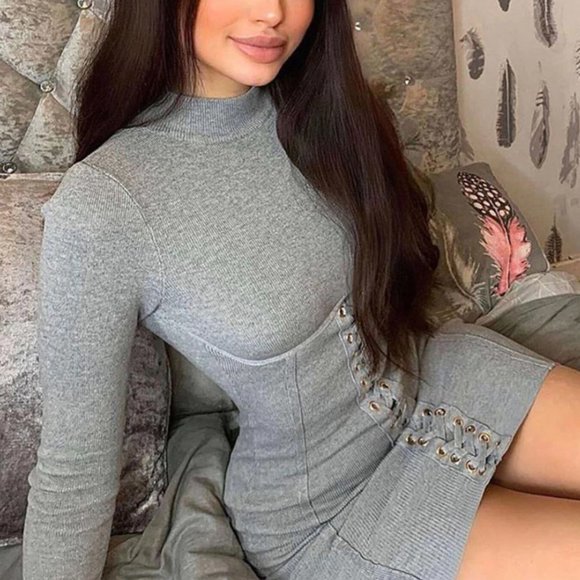 LAST MEDIUM Heather Gray Lace Up Corset Long Sleeve Mini Sweater Dress - Picture 4 of 7